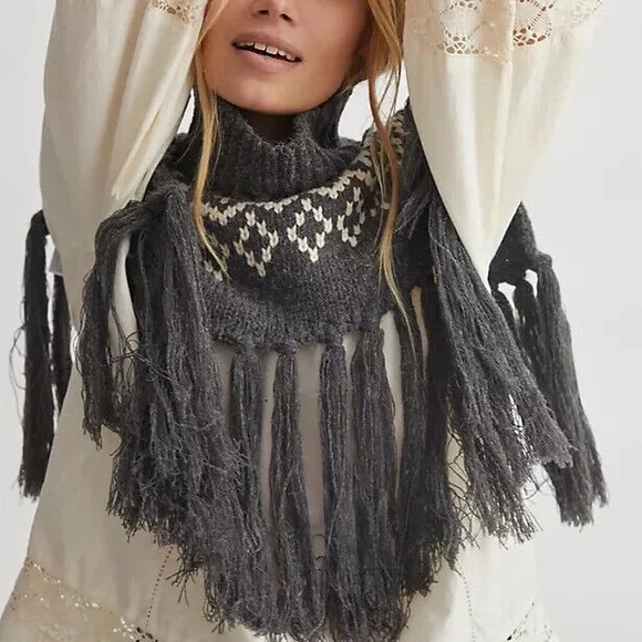 Anthropologie Scarf Womens Fringed Turtleneck Collar Boho Southwest Cowgirl Fall - Picture 2 of 13